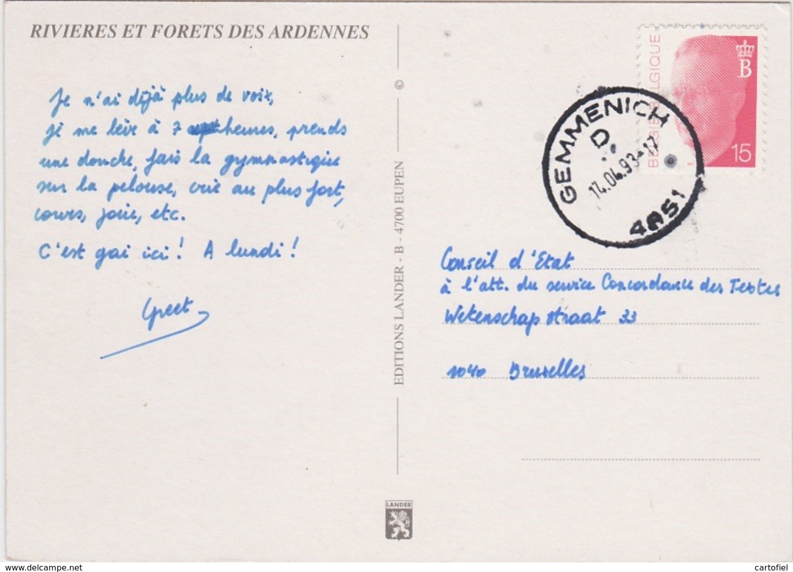 GEMMENICH-BLIEBERG-BONJOUR DE-RIVIERES ET FORETS DES ARDENNES-CARTE ENVOYEE-14.04.1993-BONNE ETAT-VOYEZ LES 2 SCANS - Plombières