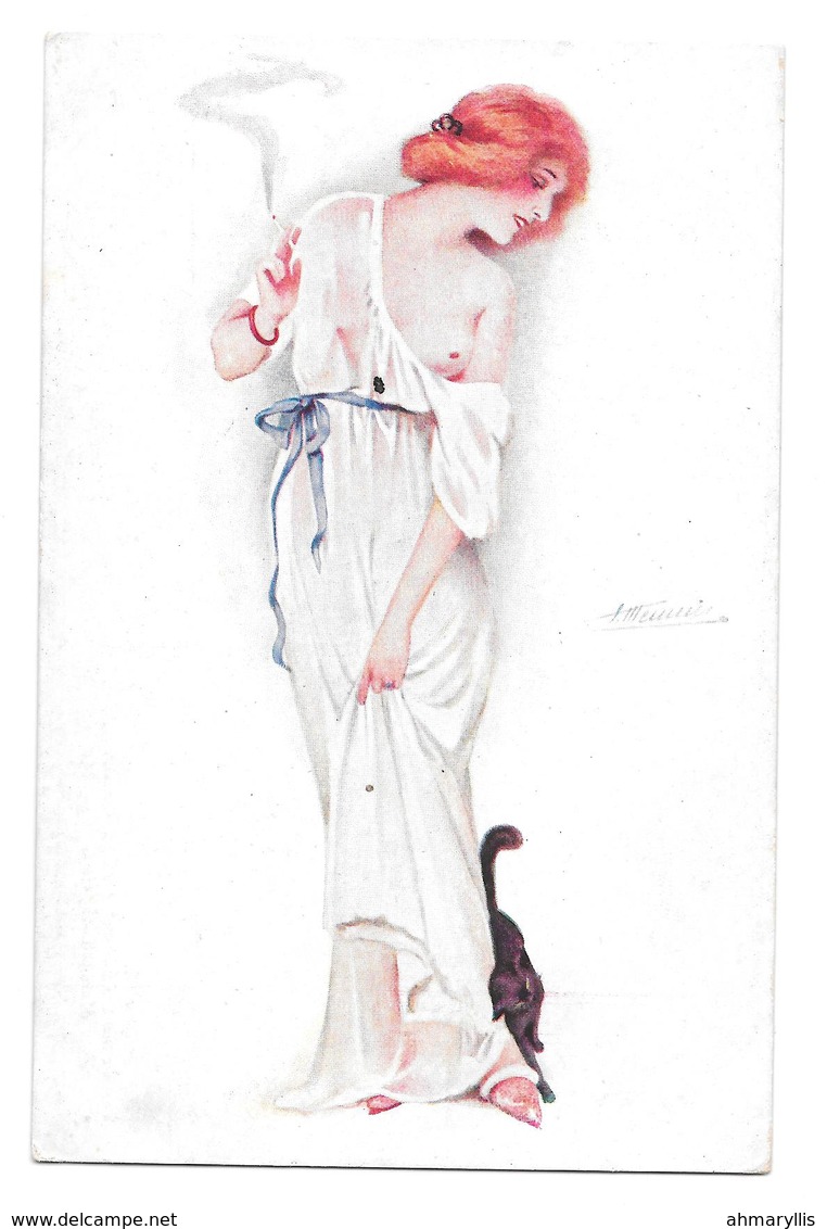 Les Dames Qui Fument Suz Meunier N°3 Serie 96 Femme Seins Nus Fumant Une Cigarette Avec Chat Noir - Meunier, S.