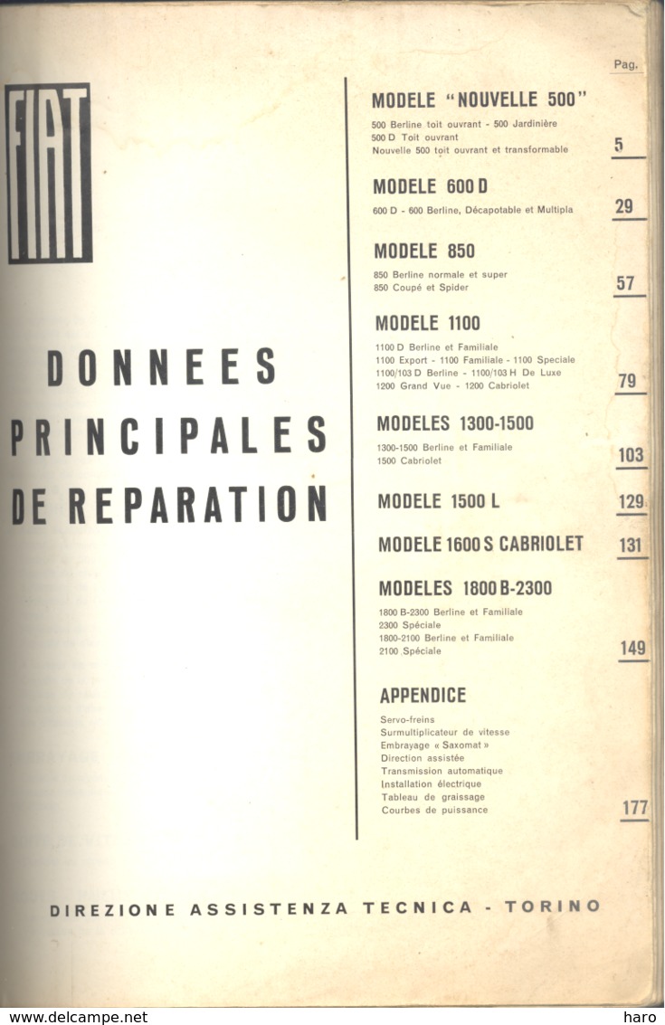 Livre Technique Pour Garage " FIAT Données Principales De Réparation " 1966 , Automobile, Oldtimer,... (n258) - Auto