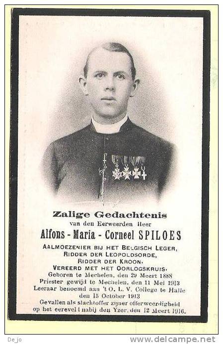 SPILOES Alfons Mechelen °1888 +1916 IJzer Yser Gesneuveld Aalmoezenier Aumonie Doodsprentje Image Mortuaire Funeral Card - Religion & Esotérisme