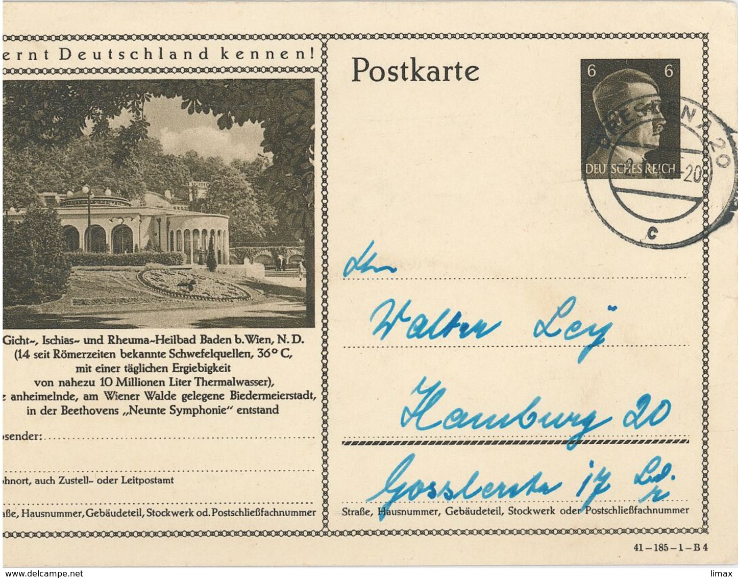 Dresden 1942 Bildpostkarte Baden Bei Wien Nach Hamburg Beethoven Neunte Symphonie Heilbad - Lettres & Documents