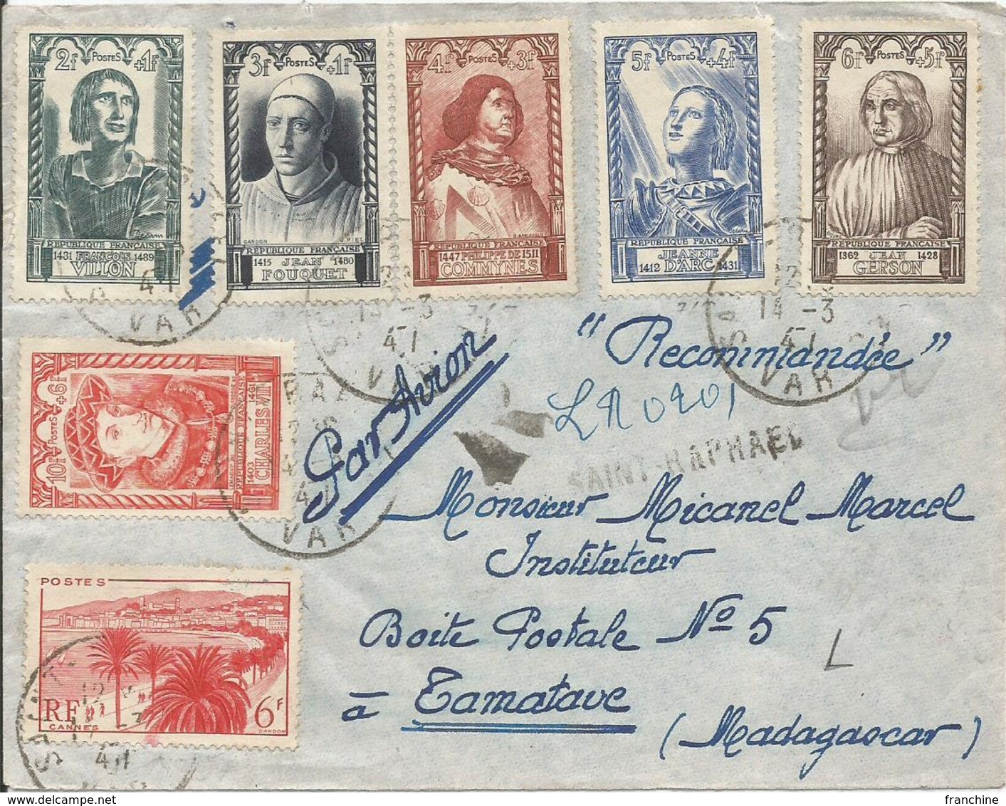 1947 - N° 765 à 770 (série Complète) + 777 Oblitérés Sur Lettre RECOMMANDE PAR AVION - Griffe Linéaire ST RAPHAEL - Lettres & Documents