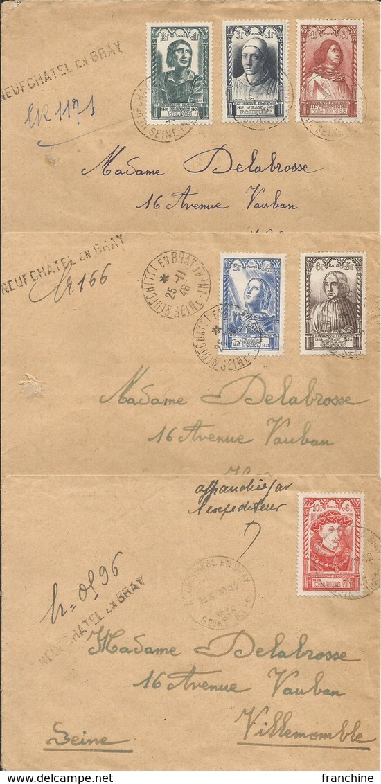 1946 - N° 765 à 770 (série Complète) Oblitérés Sur 3 Lettres - Griffe Linéaire NEUFCHATEL-EN-BRAY - Mention Manuscrite - Lettres & Documents