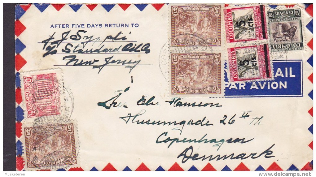 Colombia Airmail Correo Aereo Par Avion 1940 Cover Letra To Denmark Picking Coffe Kaffe & Overprinted Stamps - Kolumbien