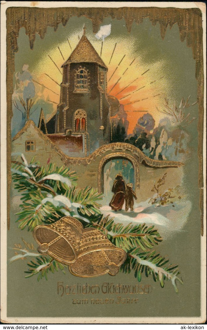 Neujahr Sylvester Goldprägekarte Kirchgang Glockenspiel 1911 Goldrand - Anno Nuovo