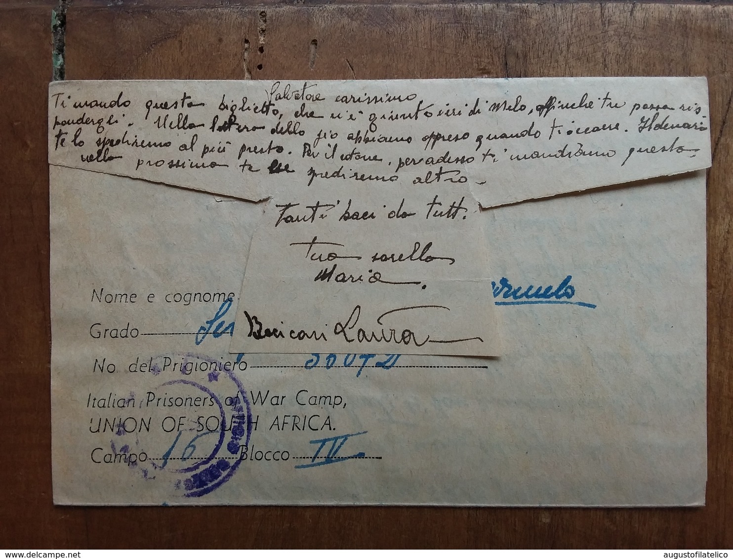 REGNO 1942 - Corrispondenza Da Prigioniero Di Guerra Proveniente Dal Sudafrica + Spese Postali - Posta Militare (PM)