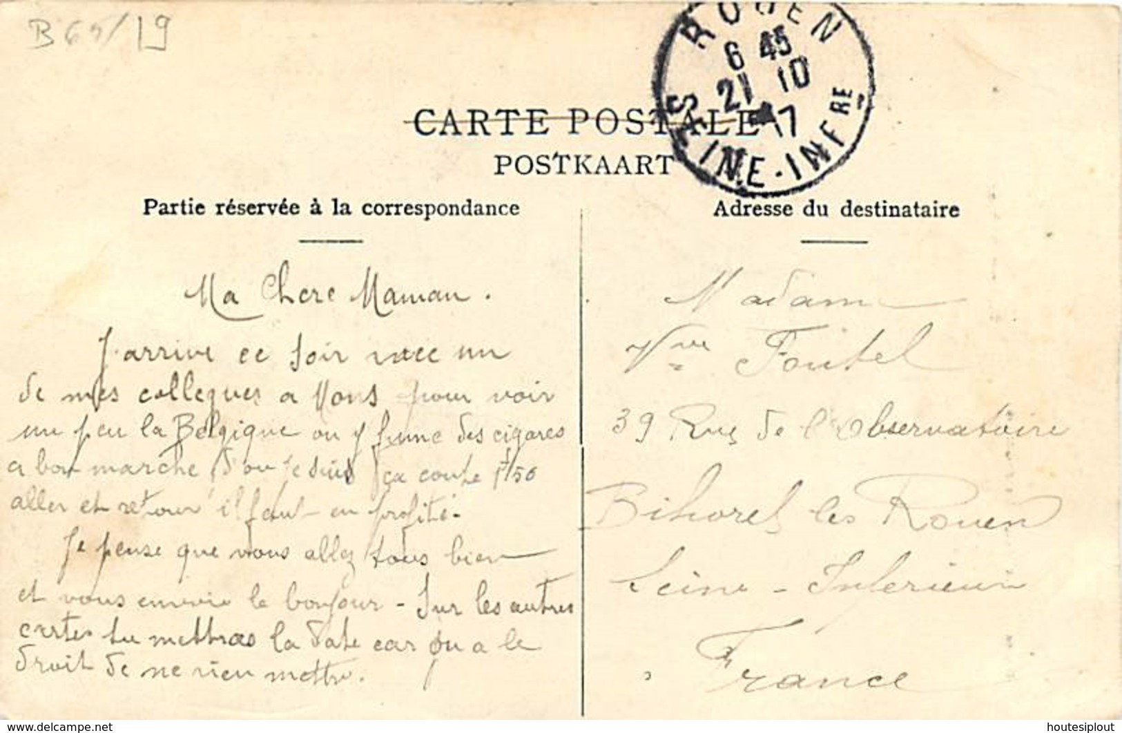 Belgique.  TP 74 CPI Mons (Station)/Départ Cachet à Pont  > Bihorel-lez-Rouen 1907 - Autres & Non Classés