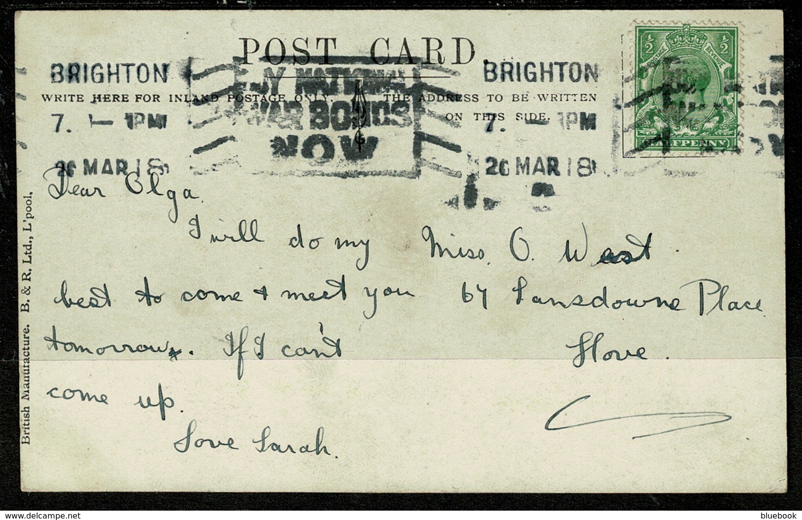Ref 1322 - 1918 Postcard - The Beach At Hove Brighton - Buy National War Bonds Slogan - Altri & Non Classificati