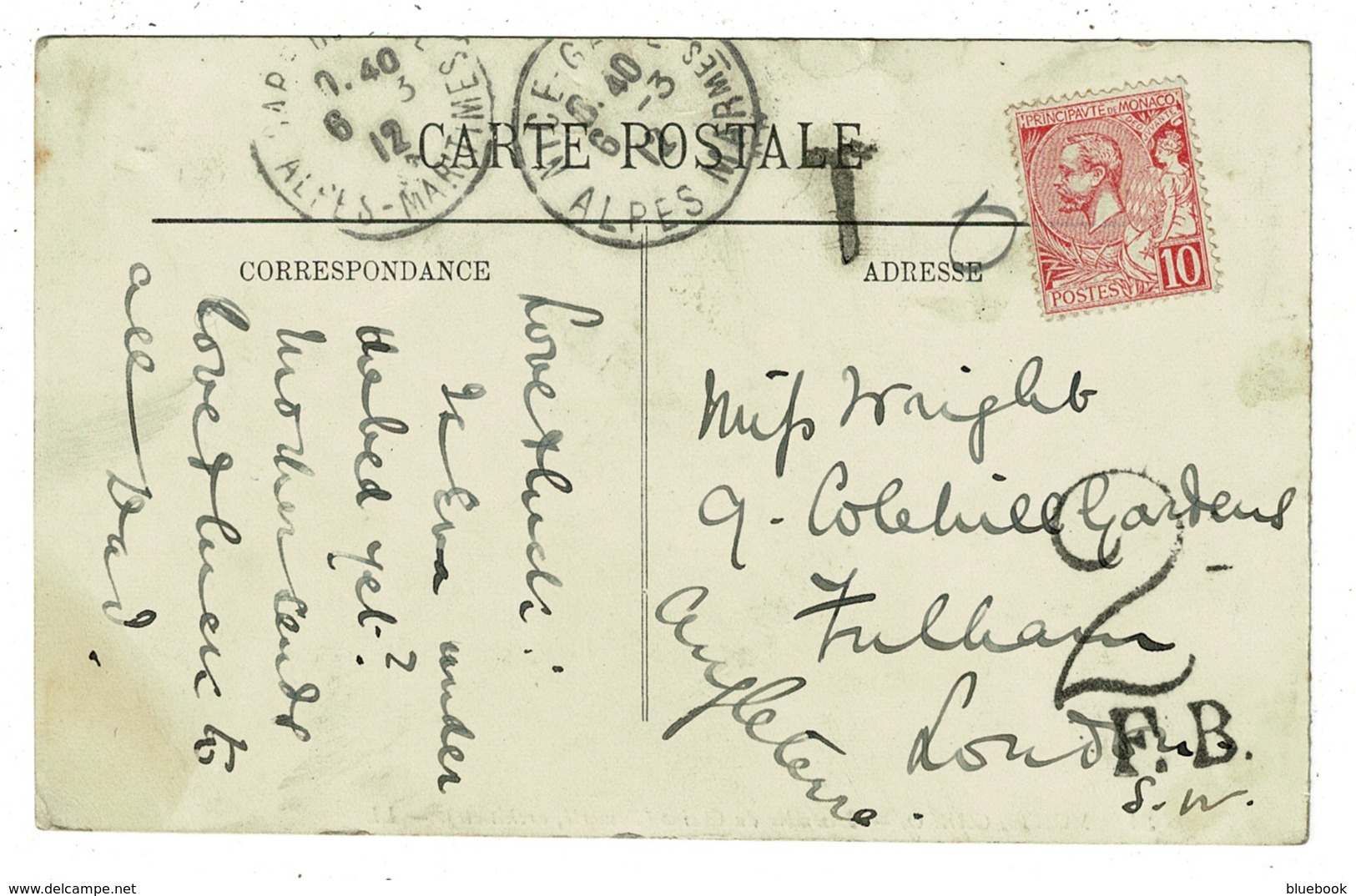 Ref 1322 - 1912 Postcard - Monte Carlo With Monaco Stamp - Posted In France - Postage Due To London - Briefe U. Dokumente