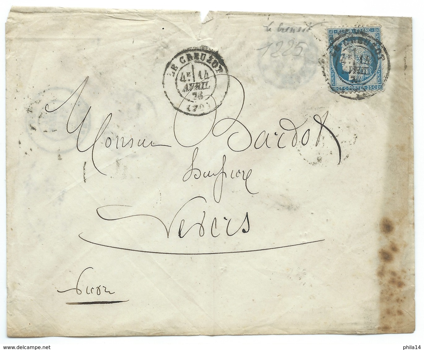 N° 60 BLEU CERES SUR LETTRE / LE CREUZOT POUR NEVERS / 1876 - 1849-1876: Période Classique