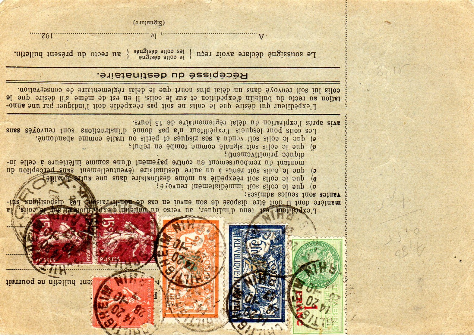 Bulletin D'expédition  VD 450 F  Timbres-poste 7 F 90  + Timbre Taxe 1 F 26/10/27 - Autres & Non Classés