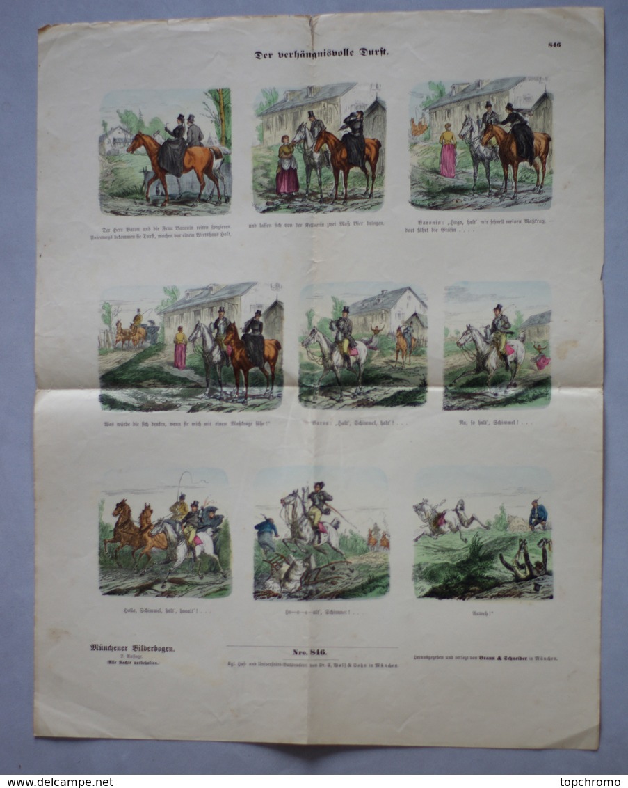 Grande Page Illustrée Gravure Münchener Bilderbogen Der Verhängnisvolle Durit Braun & Schneider N°846 Chevaux Chute - Prints & Engravings