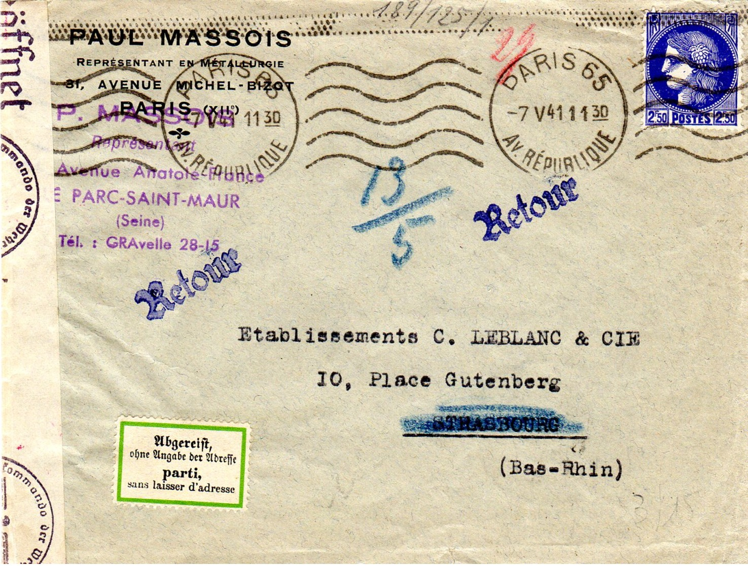 Lettre Pour Strasbourg Censure Allemande  Retour étiquette Bilingue - 2. Weltkrieg 1939-1945