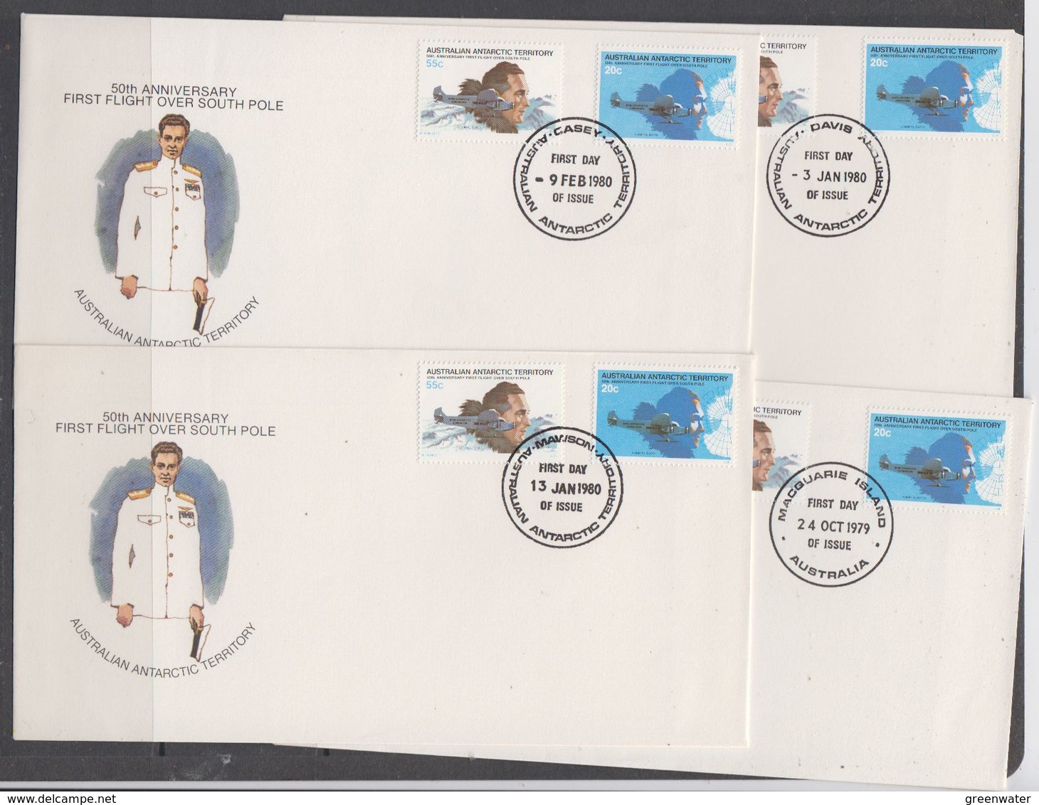 AAT 1979/1980 50th Ann. First Flight Over South Pole 2v 4 FDC (Casey, Mawson, Davis, Macquarie) (44228) - FDC