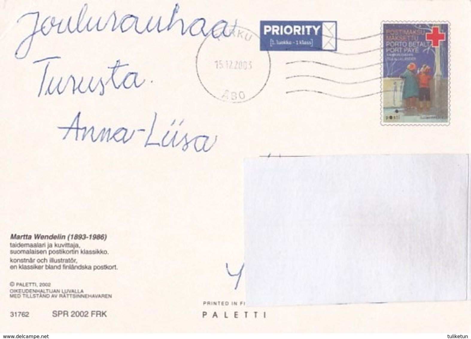 Postal Stationery - Child Holding A Teddy Bear In Her Arms - Red Cross 2002 - Suomi Finland - Postage Paid - Postal Stationery