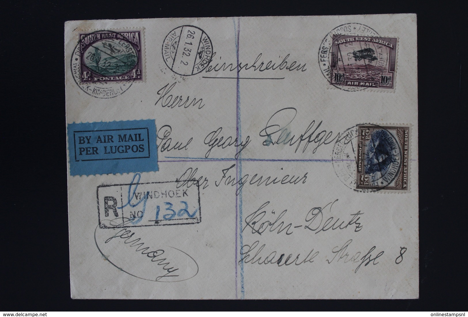 South West Africa  First Flight Cover Registered Windhoek - Kimberly To Coln Mixed Franking - Africa Del Sud-Ovest (1923-1990)