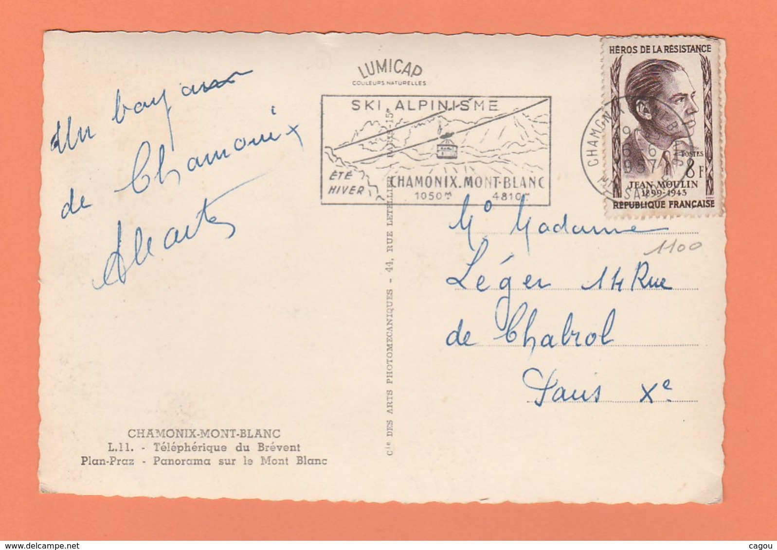 N° 1100 8F JEAN MOULIN  SEUL SUR CARTE POSTALE DE CHAMONIX - 1921-1960: Période Moderne