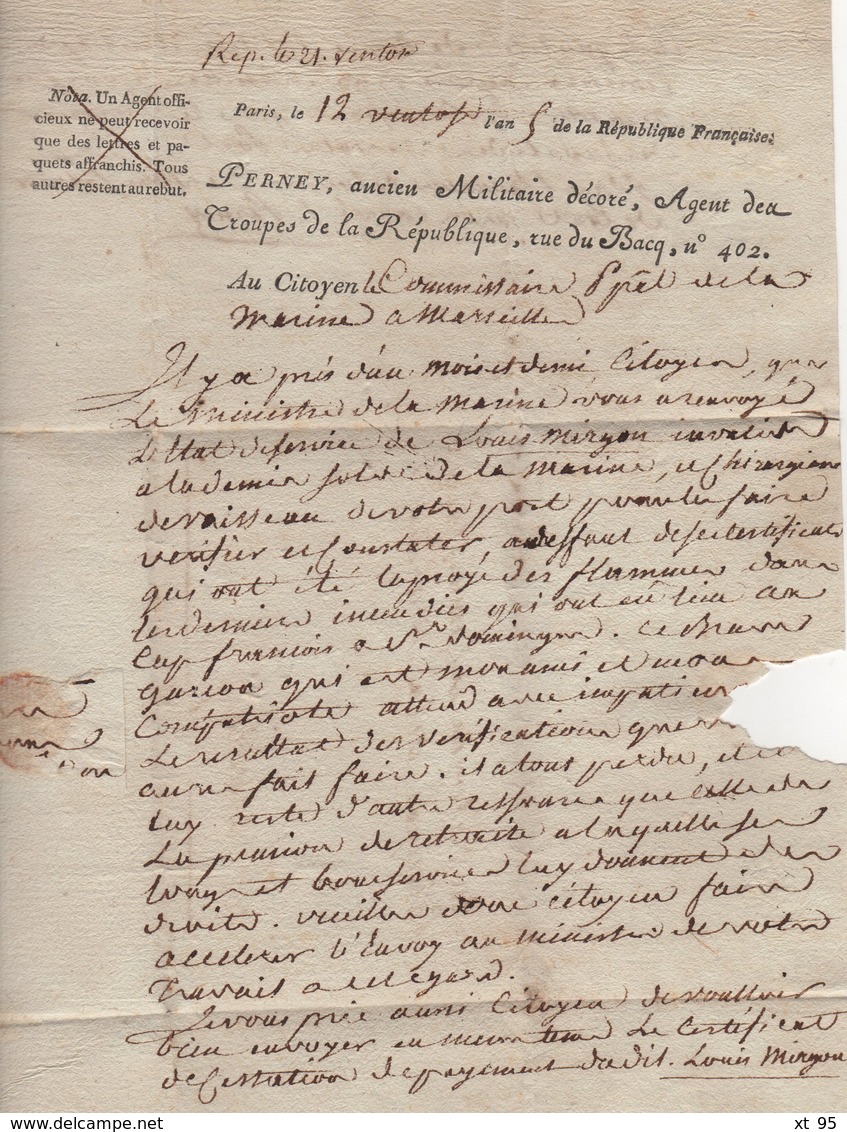 Franchise - Ministrer De La Guerre - Courrier De L An 5 Signe Perney Pour Le Commissaire De La Marine A Marseille - 1701-1800: Vorläufer XVIII