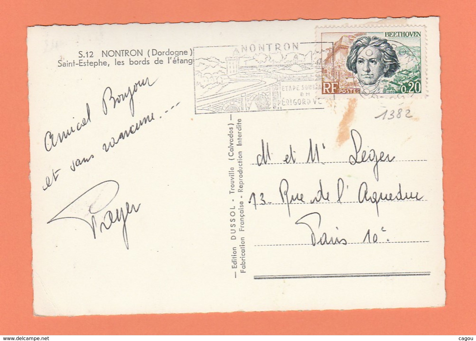 N° 1382  0.20 F BEETHOVEN SEUL SUR CARTE POSTALE DE NONTRON DORDOGNE - 1961-....