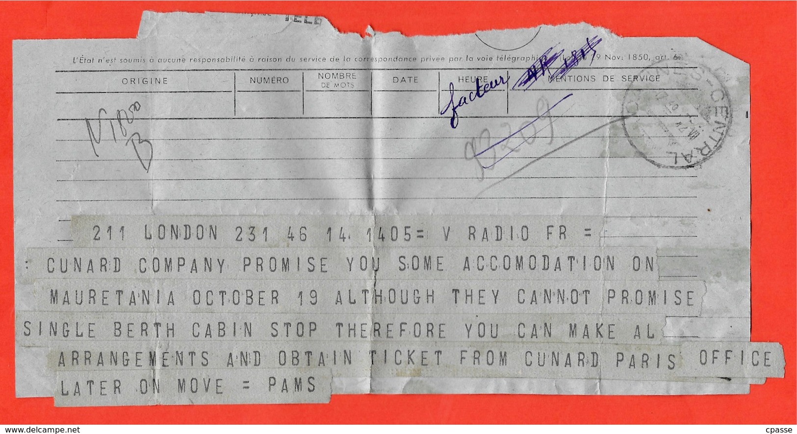 TELEGRAMME De 06 CANNES CENTRAL Provenance De LONDON (About A Place On The Liner MAURETANIA Of 1938 Cunard) (Paquebot) - Otros & Sin Clasificación