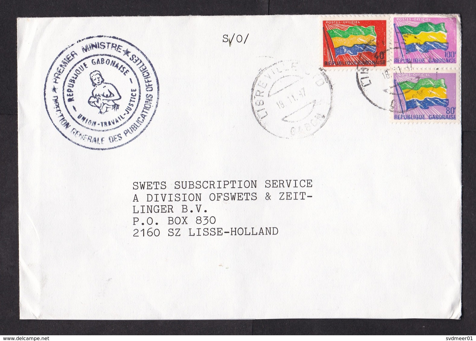 Gabon: Official Government Cover To Netherlands, 1987, 3 Service Stamps, Flag, Rare Real Use (1 Stamp Damaged) - Gabon (1960-...)