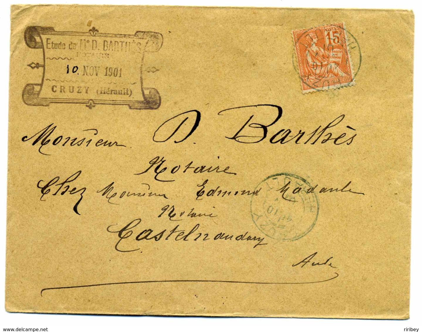 Lettre De CRUZY ( Cachet Bleu )  / Dept 33 De L'Herault  / 1901 - 1877-1920: Semi Modern Period