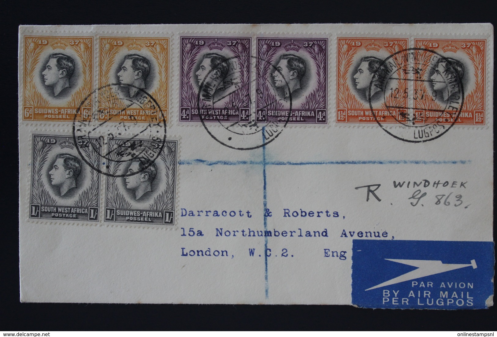 South West Africa Registered Airmail Cover Windhoek _> Kimberley -> London 4x Pair Putzel 44 2x Airplane In Cancel RR - South West Africa (1923-1990)