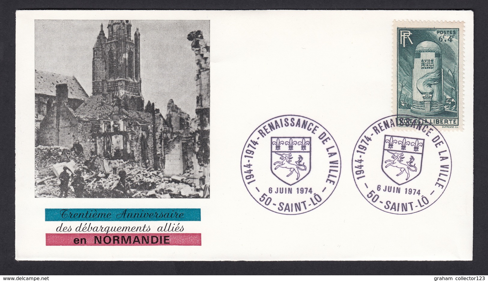 France French Cover Lettre 1974 30th Anniversary Of Normandy Normandie 50 Saint Lo Cancel - Covers & Documents