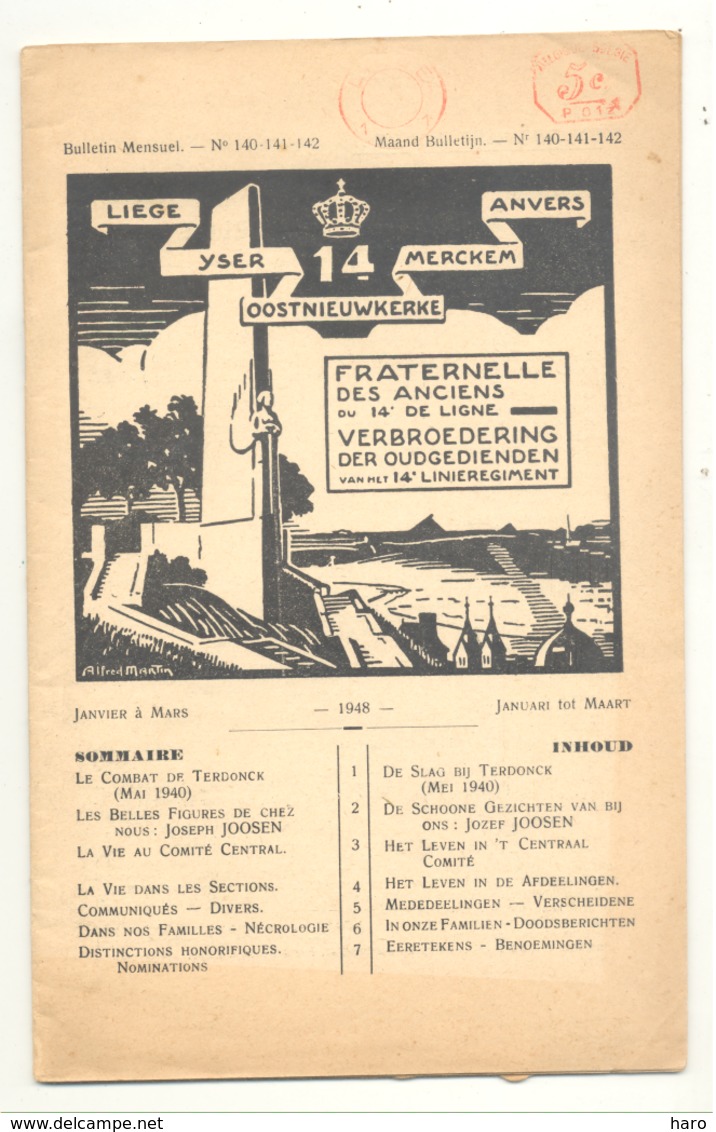 Lot 4  Revues Fraternelle Du 14e De Ligne 1948 N° 140 à 142 + 145 à 148 - 1952 N° 196/197 Et 199 Armée Belge (b255) - 1900 - 1949