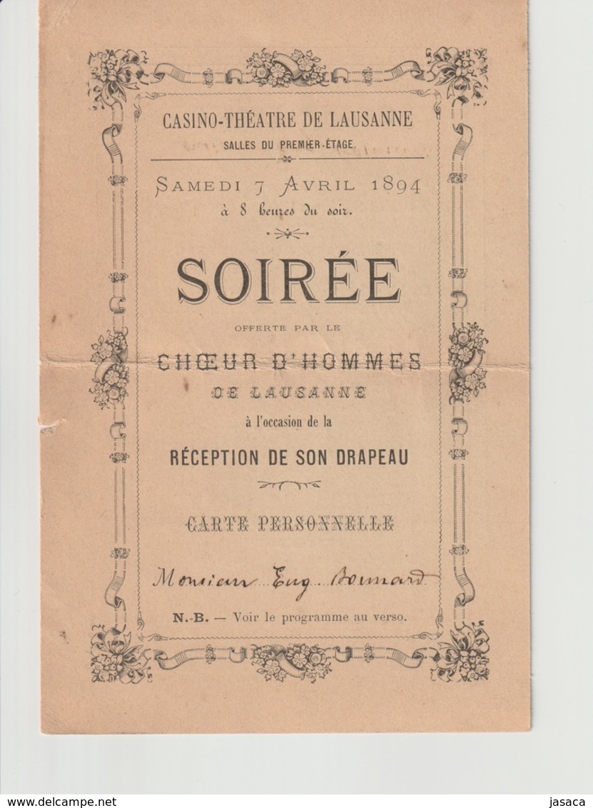 Programme Casino-Théâtre De Lausanne - Soirée Choeur D'hommes 1894 - Programmes