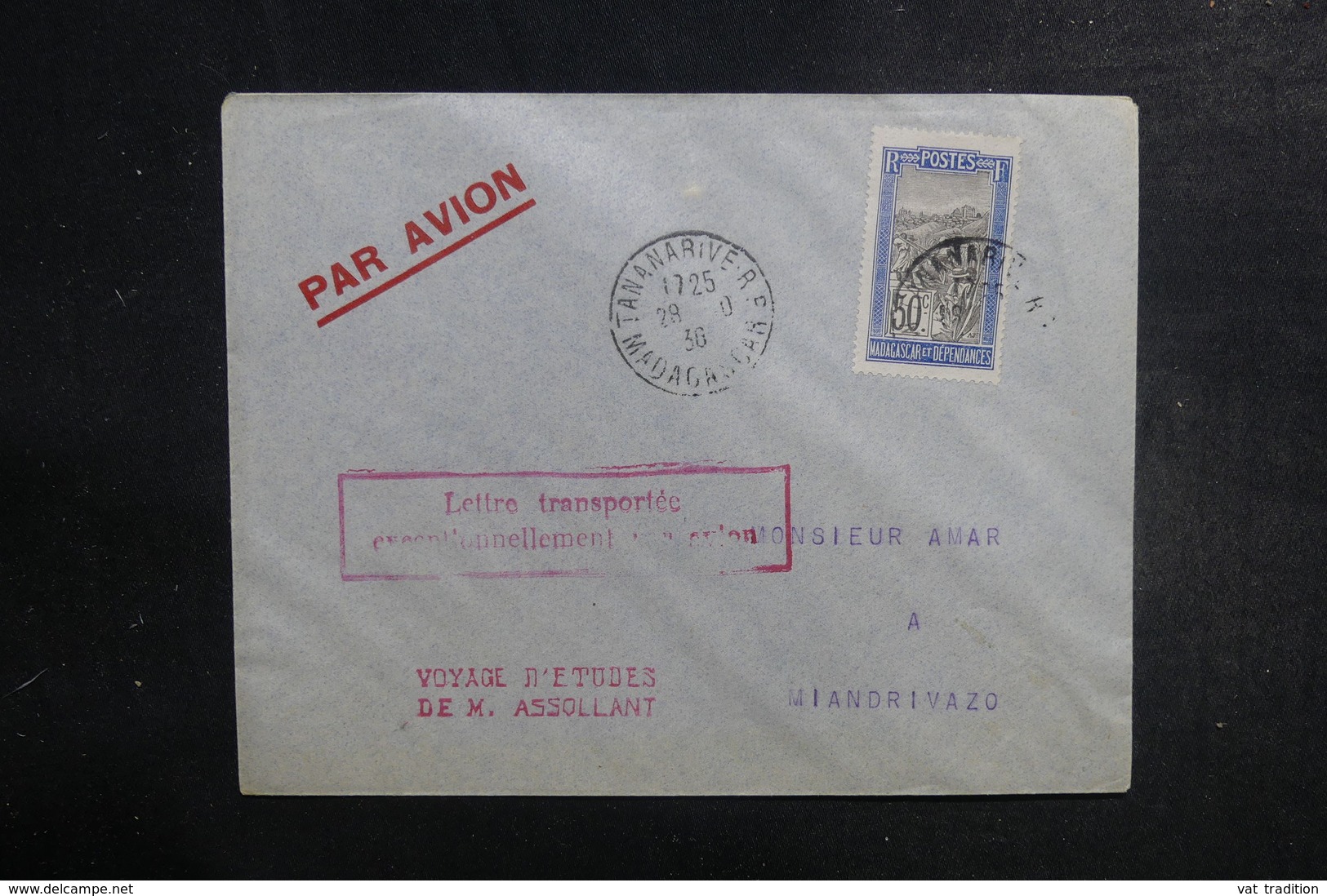 MADAGASCAR - Enveloppe Du Voyage Aérien D'Etude De M. Assolant En 1936 , Affranchissement Plaisant - L 39513 - Brieven En Documenten