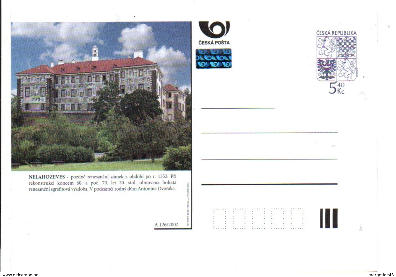 TCHEQUIE ENTIER NEUF REPIQUE DE NELAHOZEVES 2002 - Cartes Postales