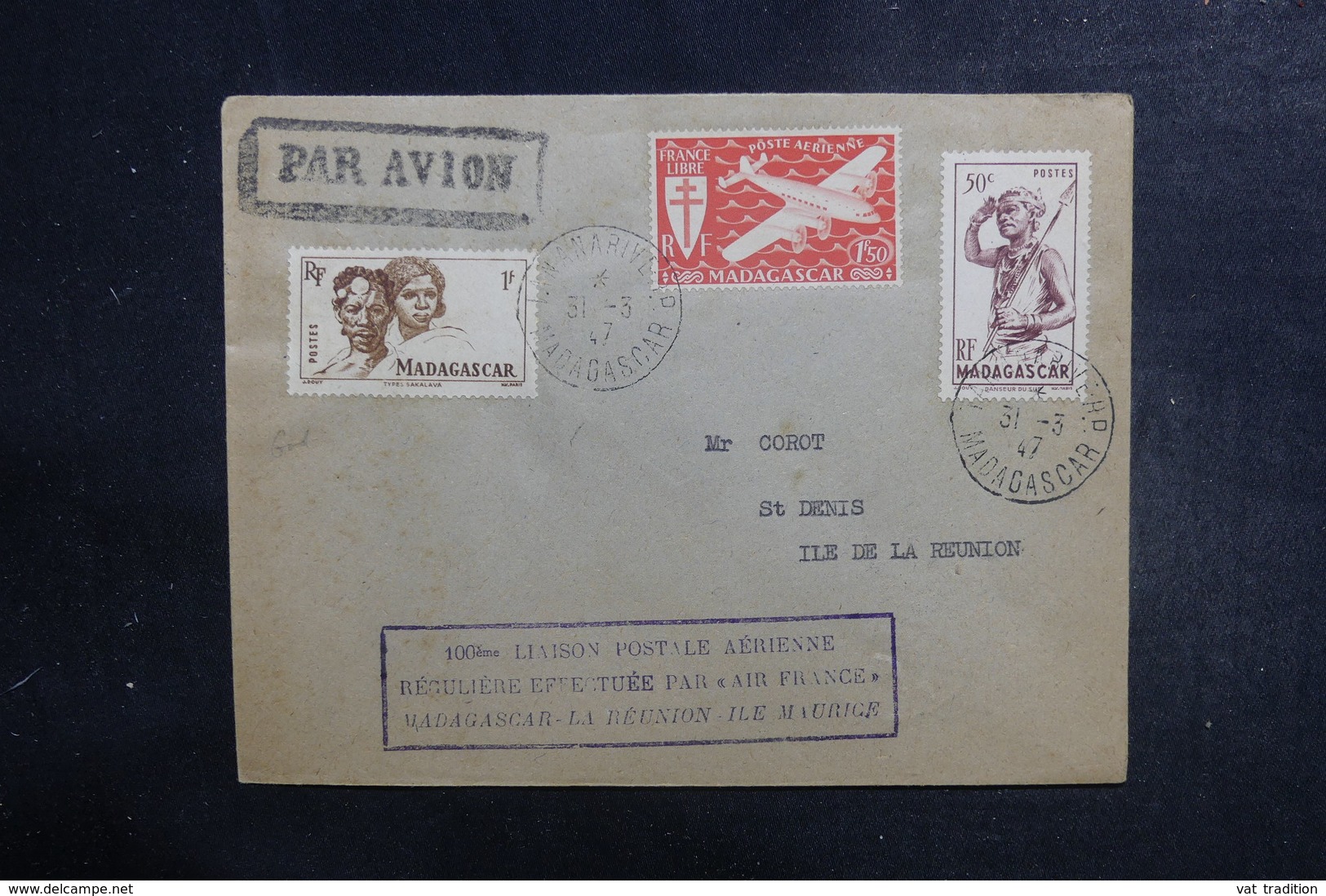 MADAGASCAR - Enveloppe De La 100 ème Liaison Aérienne Madagascar / La Réunion En 1947 - L 39519 - Lettres & Documents