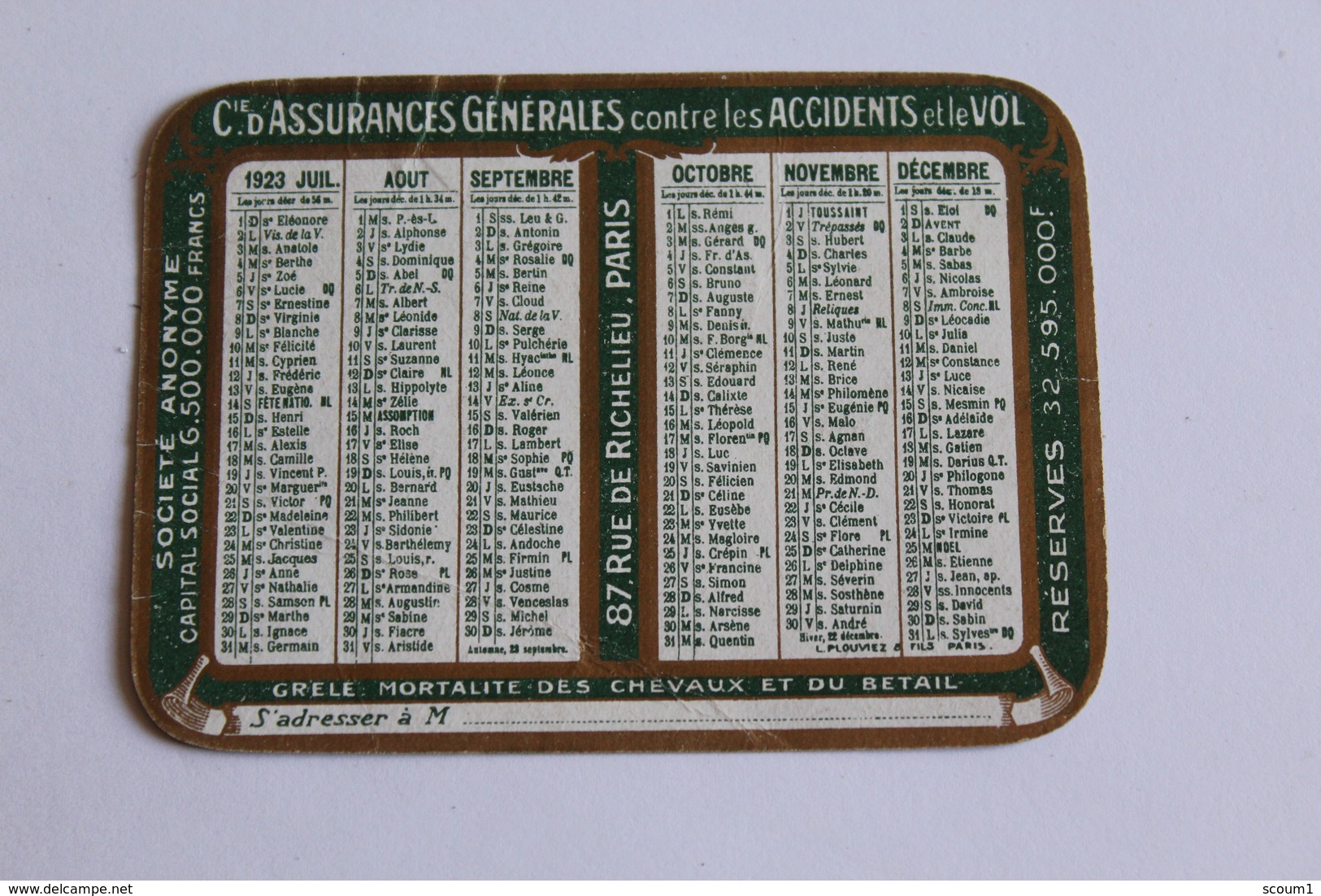 Calendrier Petit Format 1923 Cie D Assurances Generales Contre L Incendie Paris   9,5cm X 7 Cm - Formato Piccolo : 1921-40