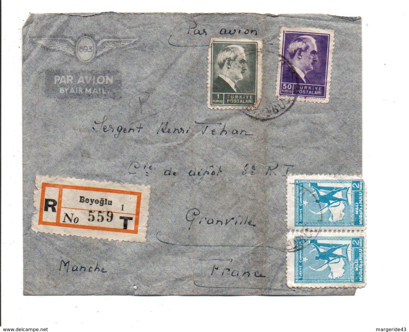 TURQUIE AFFRANCHISSEMENT COMPOSE SUR LETTRE RECOMMANDEE DE BEYOGLU POUR LA FRANCE 1946 - Storia Postale