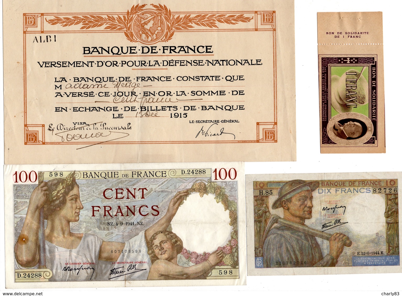 LOT  DE  2   BILLETS  FRANCAIS  + 1 BON  PETAIN +1 BON  VERSEMENT  OR - Lots & Kiloware - Banknotes