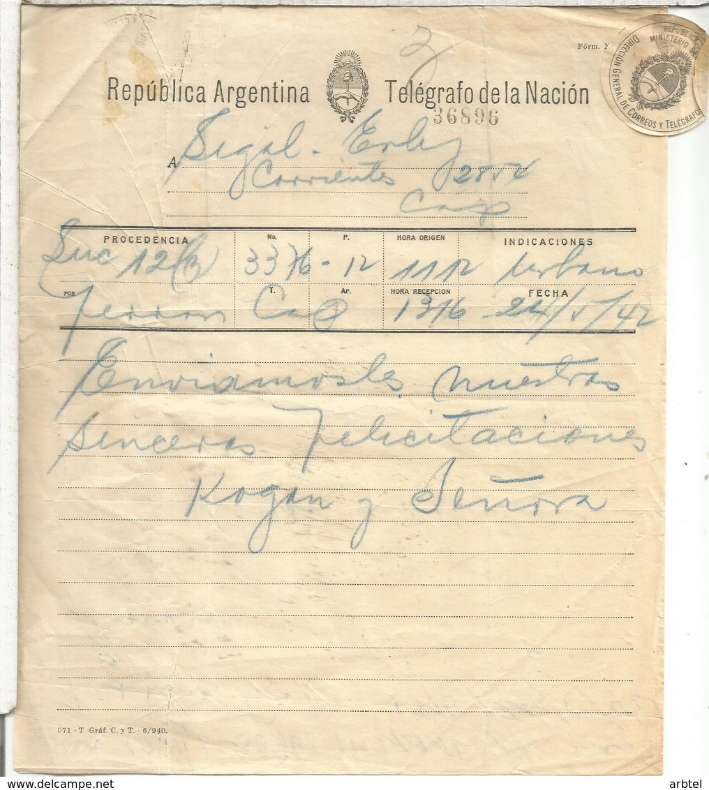 ARGENTINA 1942 TELEGRAMA TELEGRAFO DE LA NACION TELEGRAPH - Telecom