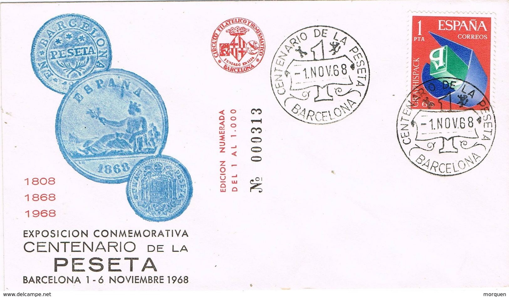 33656. Carta Exposicion BARCELONA  1968. Centenario De La PESETA - Cartas & Documentos