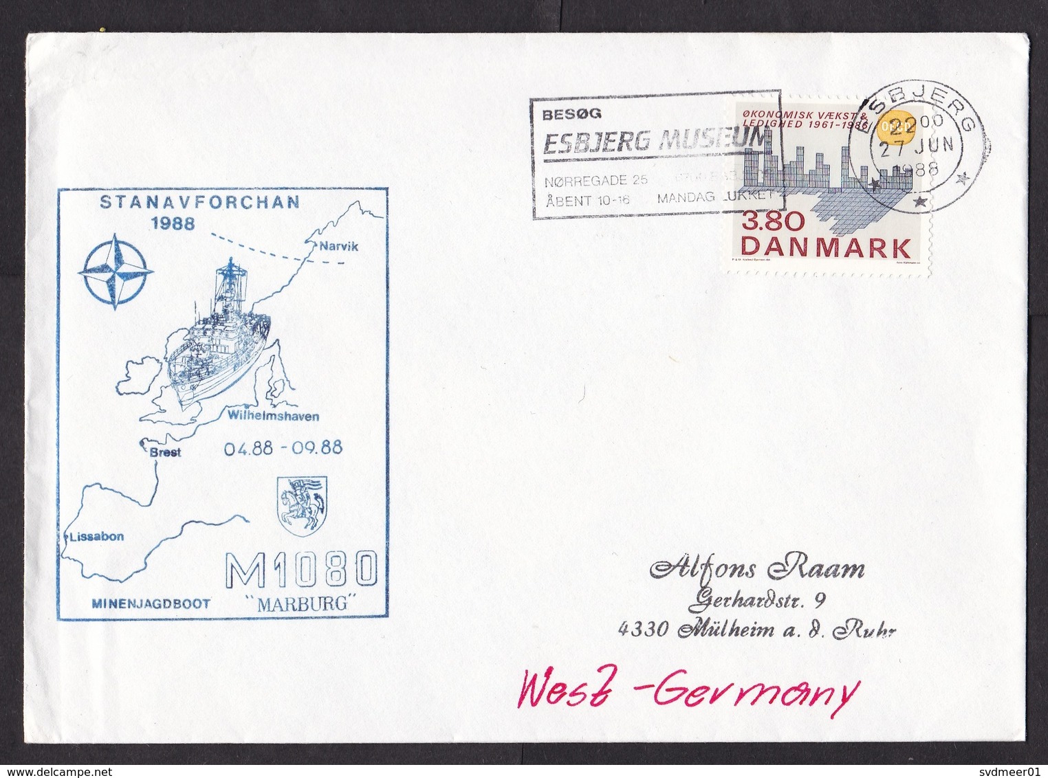 Denmark: Cover To Germany, 1988, 1 Stamp, Cancel NATO Stanavforchan, German Navy Vessel, Military (traces Of Use) - Brieven En Documenten