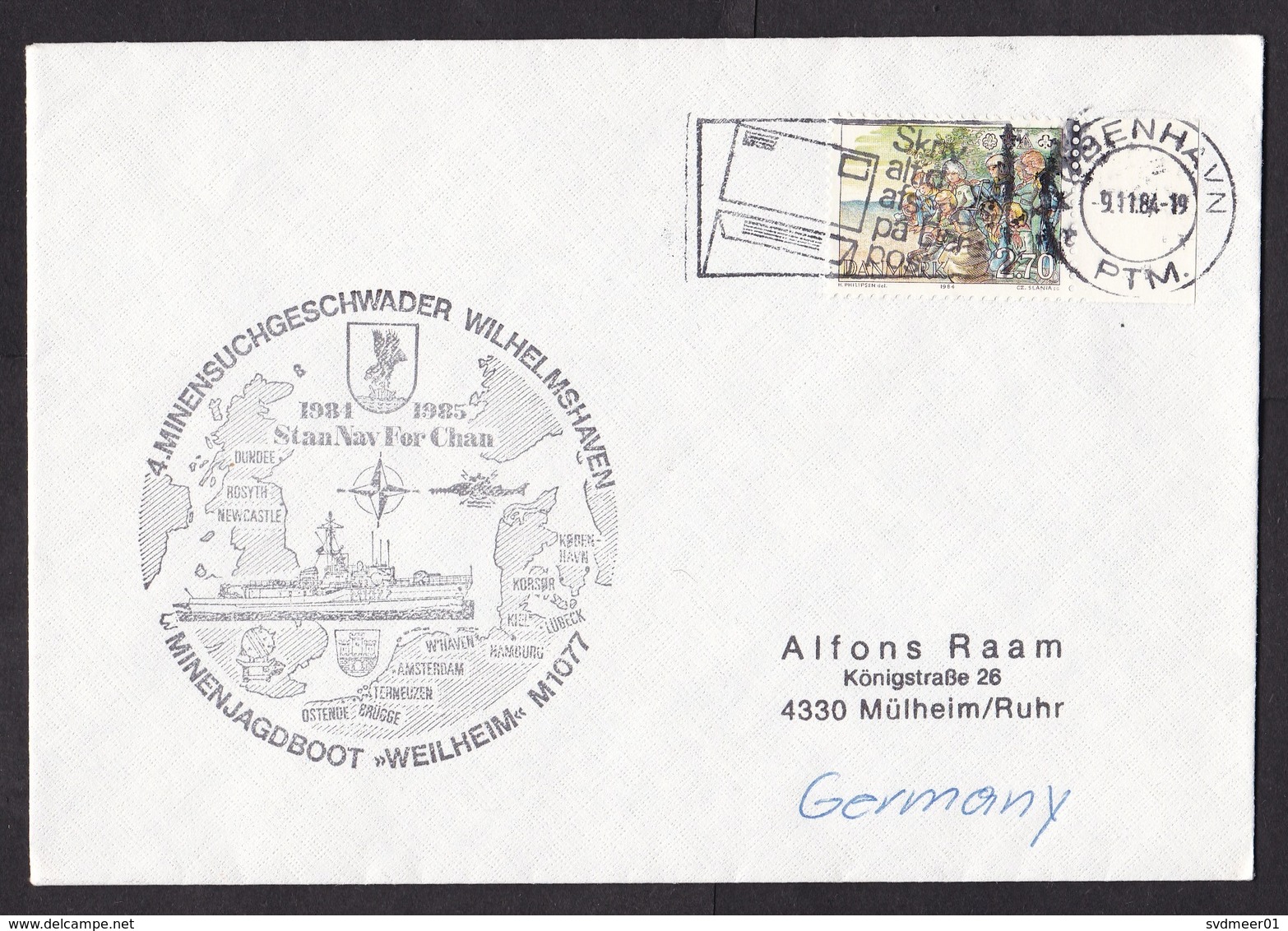 Denmark: Cover To Germany, 1984, 1 Stamp, Cancel NATO Stanavforchan, German Navy Vessel, Military (traces Of Use) - Brieven En Documenten