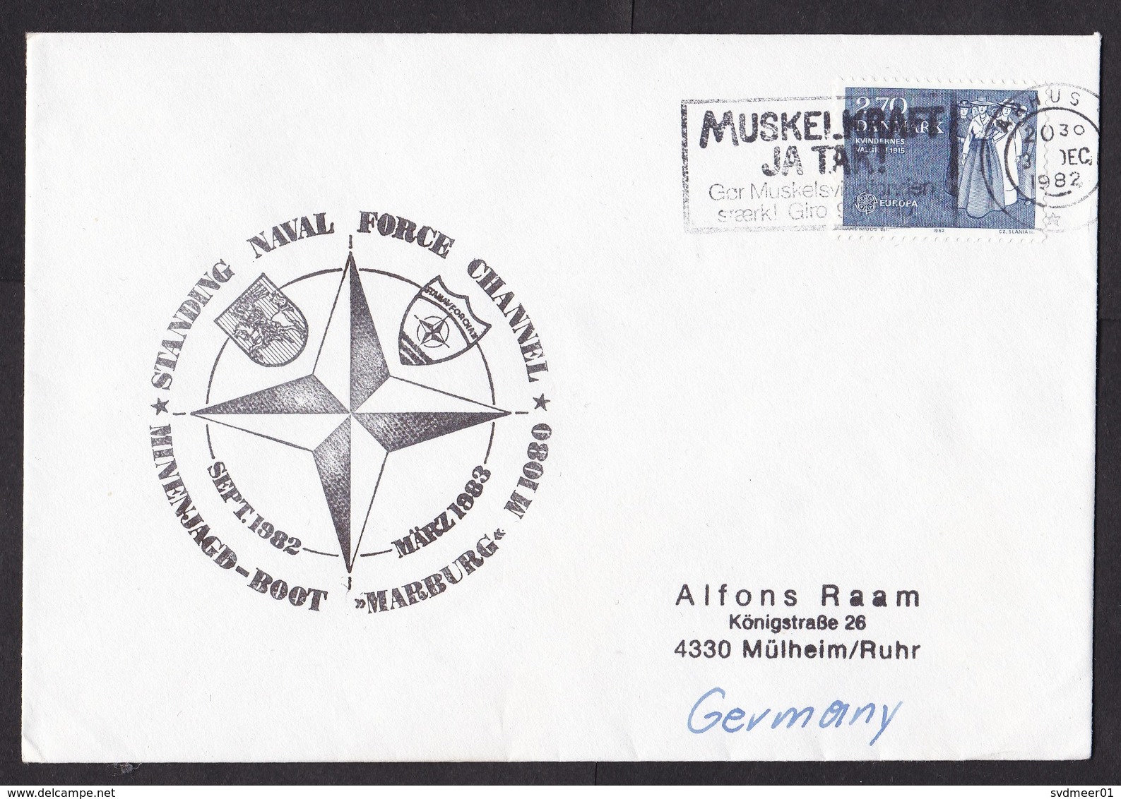 Denmark: Cover To Germany, 1982, 1 Stamp, Cancel NATO Stanavforchan, German Navy Vessel, Military (traces Of Use) - Brieven En Documenten