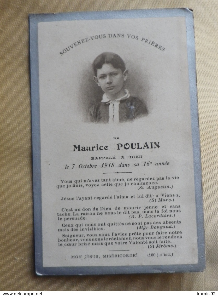 Faire Part De Décés Maurice Poulain (16 Ans) Le 7 Oct 1918 Dessin D'etienne Azambres - Décès