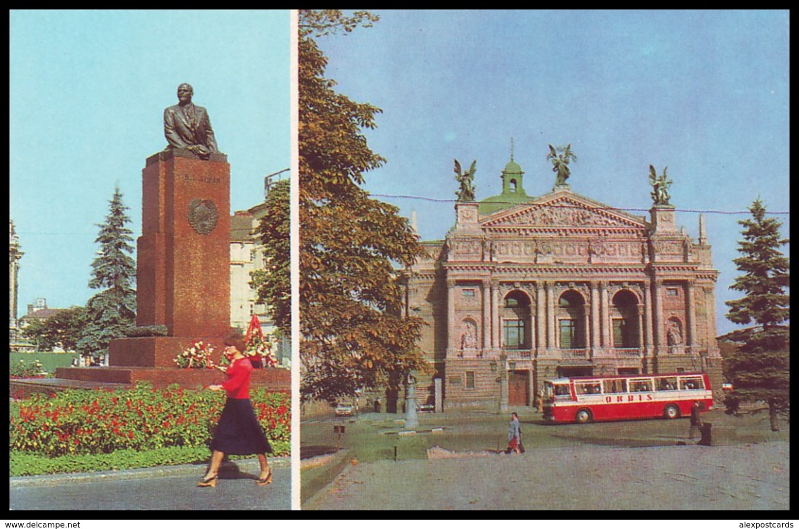 UKRAINE (USSR, 1982). LVIV. IVAN FRANKO STATE OPERA AND BALLET THEATRE / MONUMENT TO V. LENIN. Unused Postcard - Ukraine