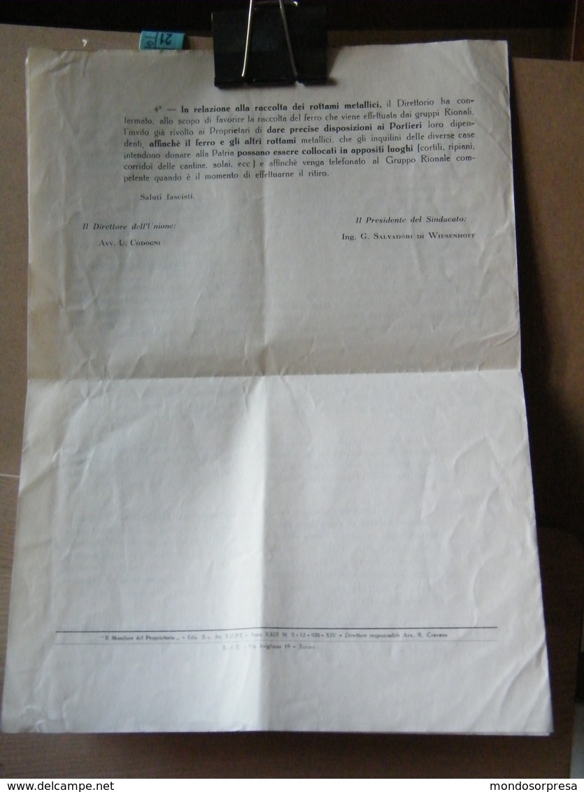 DC13 - CONFEDERAZIONE / UNIONE FASCISTA DEGLI INDUSTRIALI, 1935, TORINO, VIAGGIATA - SINDACATO PROVVINCIALE ... - Documents
