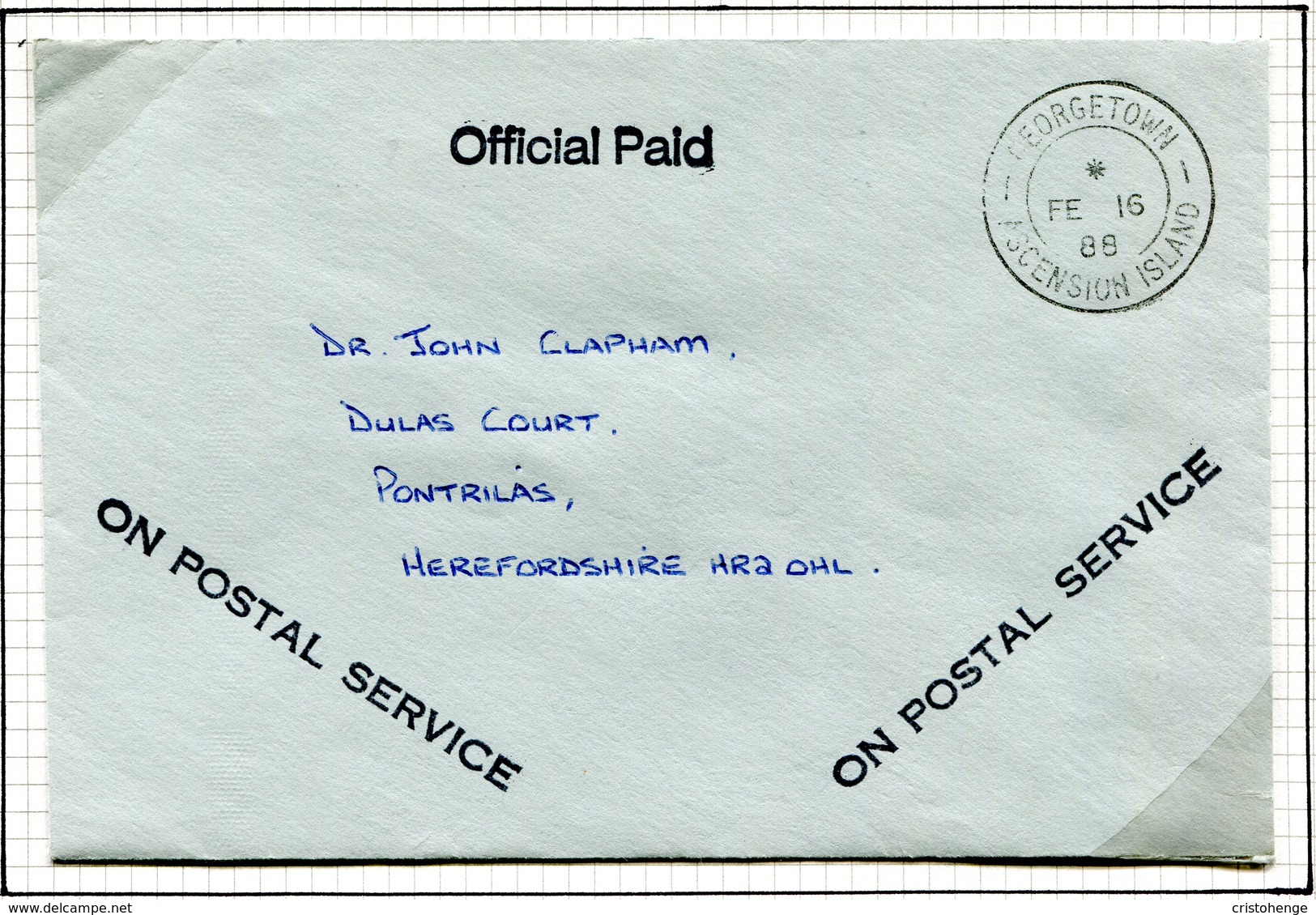 Ascension 1988 OHMS 'Official Paid' And 'On Postal Service' Cachet Cover To England - Ascension