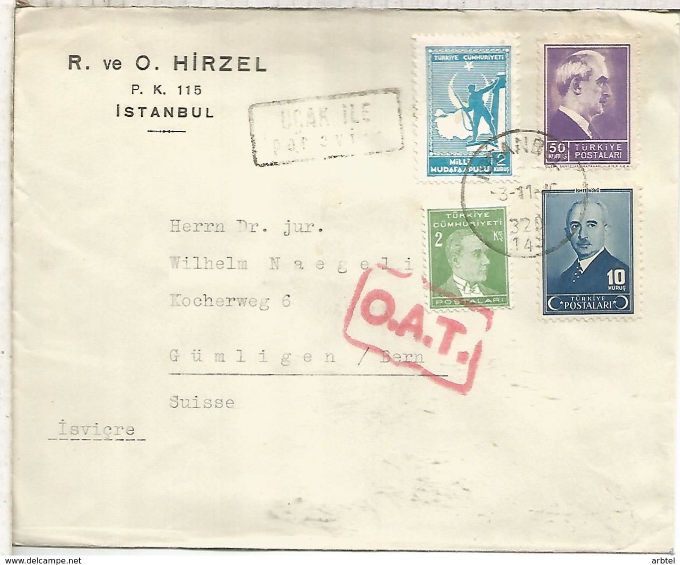 TURQUIA CC A SUIZA 1945 ISTANBUL  MARCA EN ROJO OAT RED CACHET - Cartas & Documentos