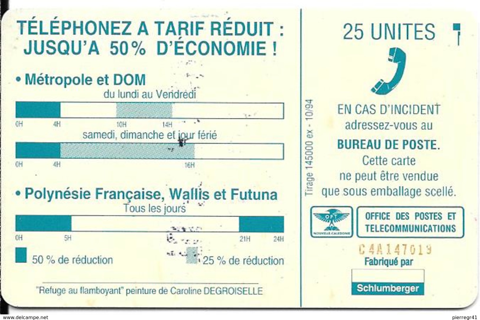 CARTE-PUCE-NOUVELLE-CALEDONIE-NC21-10/94-SC7-REFUGE Au FLAMBOYANT-PN°Rouge-C4A147019-UTILISE-TBE - Nouvelle-Calédonie