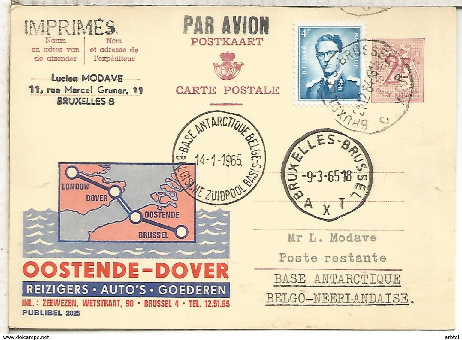 BELGICA ENTERO POSTAL PUBLIBEL LINEA OSTENDE DOVER CIRCULADO A LA BASE BELGA EN LA ANTARTIDA 1965 MAT LLEGADA ANTARCTIC - Estaciones Científicas