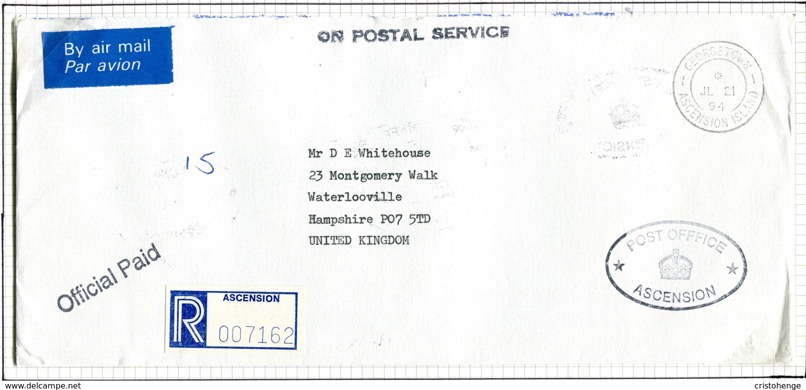 Ascension 1994 Official 'On Postal Service' 'Official Paid' And 'Post Office Ascension' Cachet Cover To England - Ascension