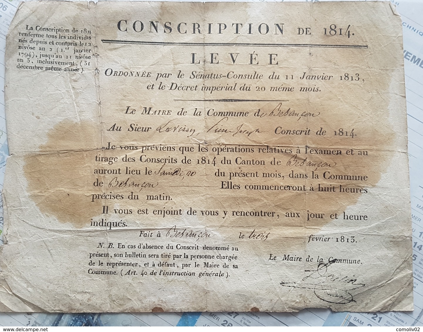 Doubs - Besançon - Conscription De 1814. Theme Armée (réquisition ). Signature Au Tampon Du Maire - 1801-1848: Vorläufer XIX